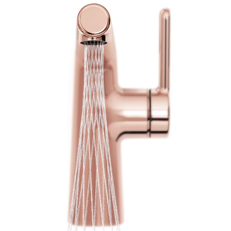 Le robinet de lavabo HANSADESIGNO Style en or rose est doté d’un jet Mikado® qui permet d’économiser l’eau.  